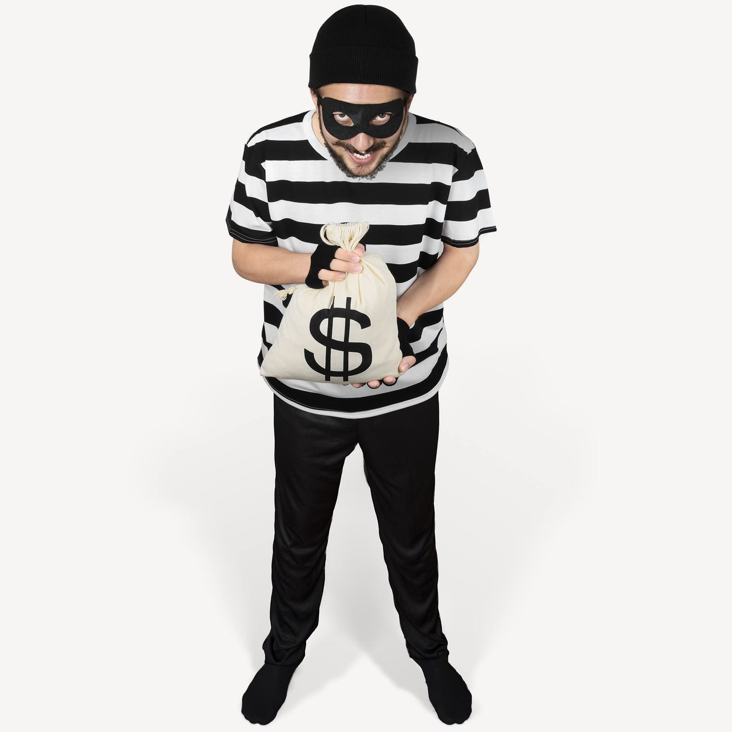 SOMSOC Adult Halloween Robber Costume Set Include Short Sleeves Stripe T-shirt Beanie Cap Dollar Sign Money Bag Eye Mask Half-finger Gloves for Halloween Cosplay Pirate Burglar Theme Party, Large