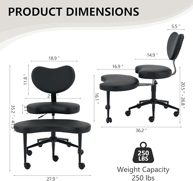 Cross Legged Office Chair with Wheels–360°Swivel Meditation Chair, Adjustable Height Yoga Office Chair for Adults, Ergonomic Kneeling Chair with Back Support for ADHD, PU Leather, Black