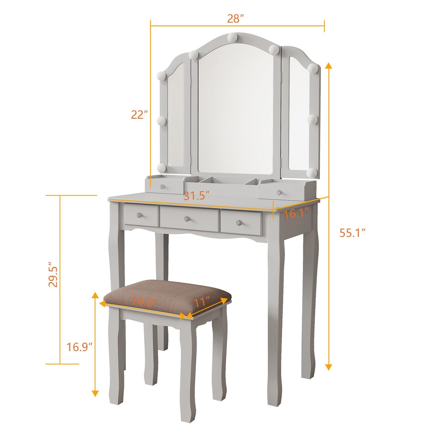 Longtesun Makeup Vanity Set Teen Vantity Set White Vanity Desk with Mirror and Lights Vanity Table with Lights Vanity Mirror with Lights Desk and Chair Makeup Vanity Table Makeup Vanity with Lights