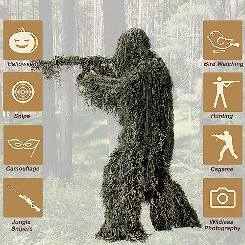 DoCred 5 in 1 Ghillie Suit, 3D Camouflage Hunting Apparel w/Jacket, Pants, Hood, Carry Bag for Adults/Youth, S/M/L/XL/XXL
