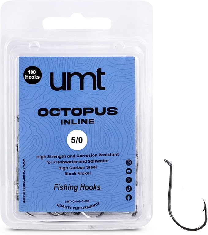 UMT - 100 Pack Octopus Fishing Hooks Sizes 2/0 3/0 4/0 & 5/0 Black Nickel High Carbon Steel - Superior Terminal Tackle for...
