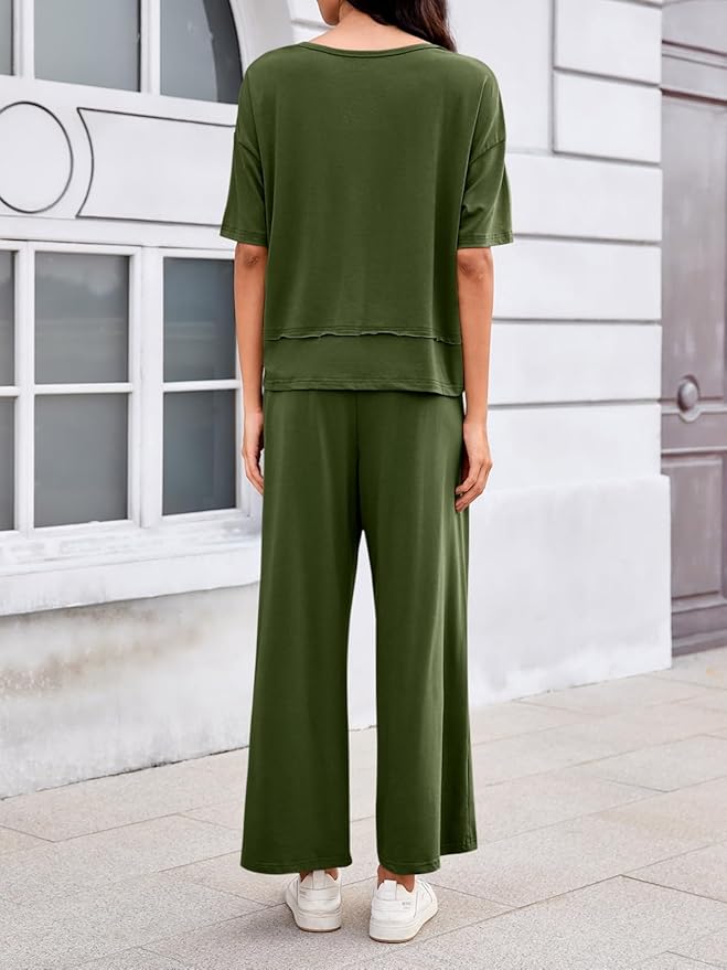 Tankaneo Womens 2 Piece Sets Casual Tracksuits Short Sleeve Tops Wide Leg Pants Outfits Lounge Sets