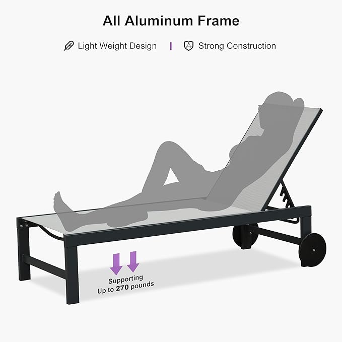 PURPLE LEAF Patio Lounge Chair Set for 2 Outdoor Chaise Lounge with Adjustable Backrests and Wheels Aluminum Reclining Pool Chair for Outside Yard Poolside Table Included, Linen