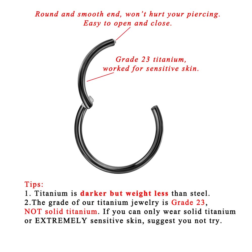 FANSING Tiny Titanium Nose Hoop 18g Piercing Earring for Cartilage Helix Rook Daith Tragus & Anti-Tragus Black Nose Rings 18 Gau
