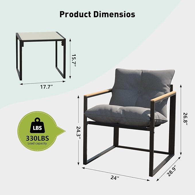 3 Piece Patio Bistro Set, Small Outdoor Furniture with Heat-Resistant Wood Armrests & Breathable Textilene Chairs, Glass Side Table & Thick Cushions for Apartment Balcony, Porch, and Garden (Gray)