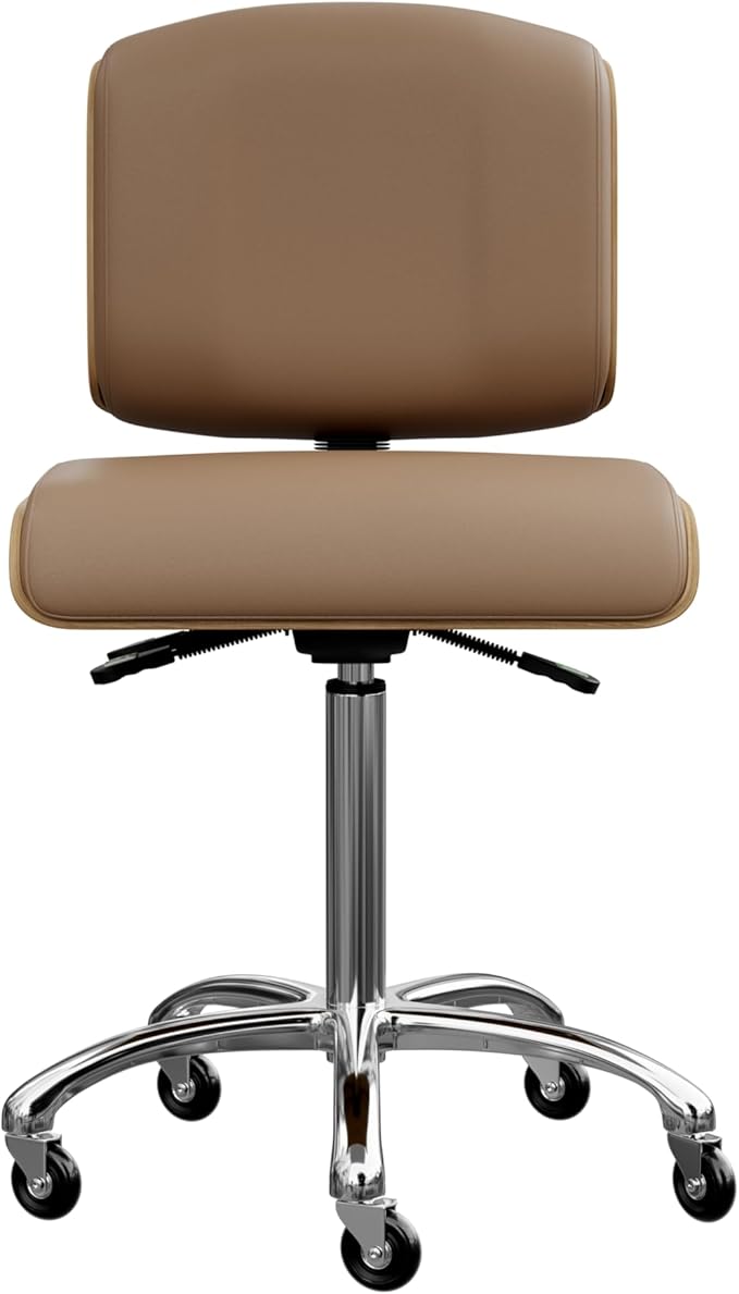 Spa Numa Bentley Beauty Esthetician Nail Salon Stool Rolling Chair with Adjustable Backrest, Flat Square Seat, Metal Bar, Vegan Leather Upholstery for Beauty Exam Office and Home - 1071 (Sand)