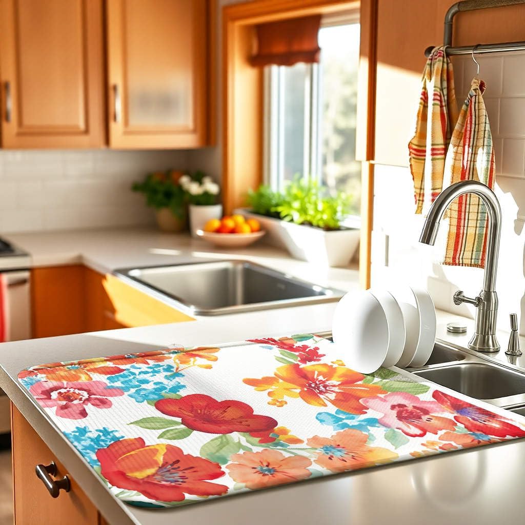 Small Red Floral Dish Drying Mat for Kitchen Counter 16''x18''Microfiber Absorbent - Foldable, Quick-Dry, Non-Slip, Compact Kitchen Drying Mats for Dishes, Countertops, and Cookware