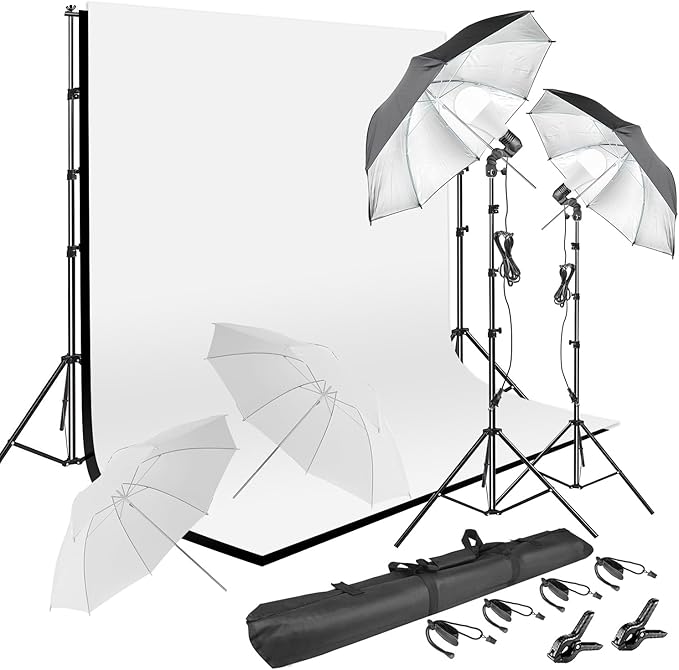 HYJ-INC Photography Umbrella Lighting Kit With 85w Led bulb,Muslin Backdrop (White Black), Backdrop, Clips Clamp,8.5*10ft ...