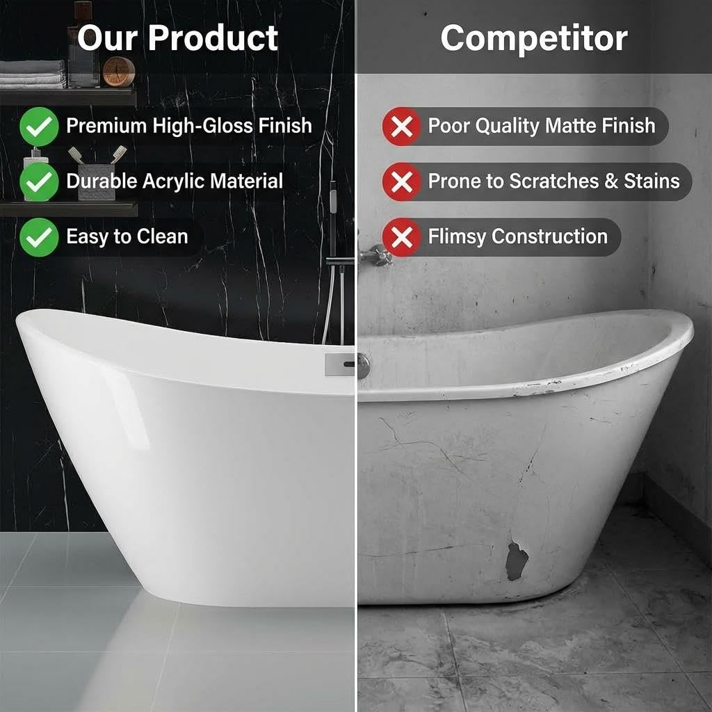 67'' Freestanding Bathtub, Acrylic, Deep Soaking Tub with Non-Slip Surface, Modern Free Standing Bath Tub, Chrome Drain, cUPC Certified, Easy Install, Space-Saving Bathtub for Bathrooms, White