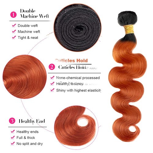 CnumGunm Ombre Orange Human Hair Bundles Ginger Body Wave 3 Bundles 22 24 26 inch 100% Unprocessed Virgin 1B/350 Human Hair Bundle