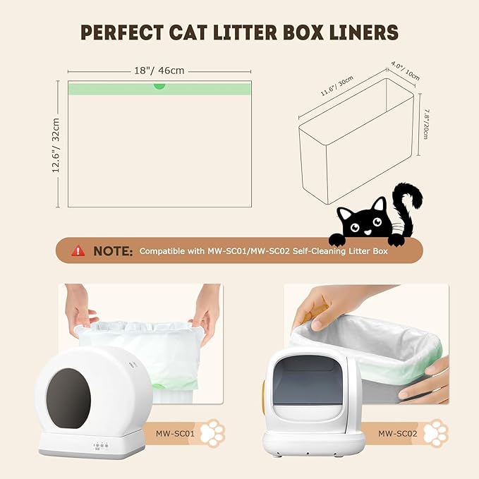 Automatic Cat Litter Box Liners Bags, Self-Cleaning Kitty Litter Liners Bags Compatible with MeoWant-SC01 & MeoWant-SC02, Heavy-Duty Thick Drawstring Replacement Liner Bag 18" x 12.6" (60 PCS)