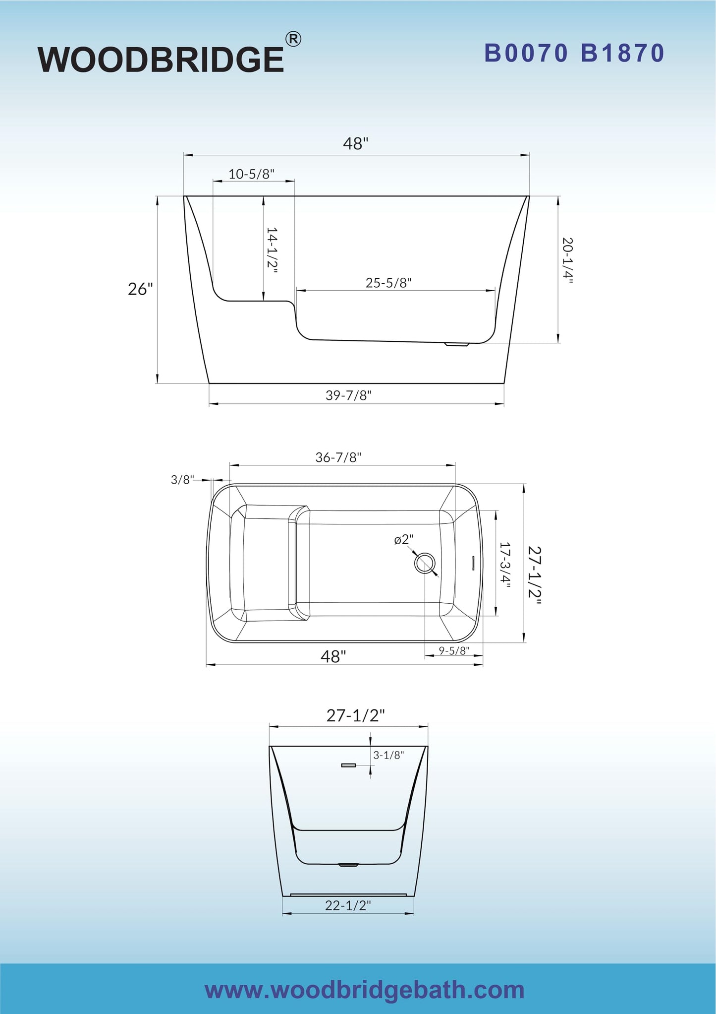 WOODBRIDGE 48" Acrylic Freestanding Square Shape Janpanese Soaking Tub with Pre-molded Seat and Matte Black Pop-UP Drain and Overflow Option, Black, B1870-MB