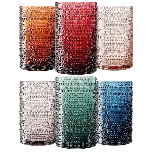Khen Plastic Hobnail Drinking Highball Glasses Set of 6 Neutral Tones Cups 14oz, Shatterproof & Unbreakable Acrylic Beaded...