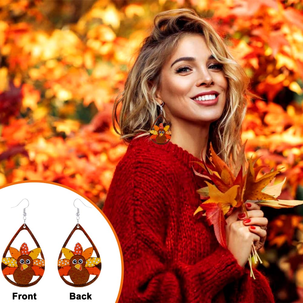 JOICEE 34 PCS Fall Thanksgiving Earrings Set,Autumn Earrings Set Pumpkin Turkey Maple Leaf Sunflower Wooden Dangle Earrings Stud
