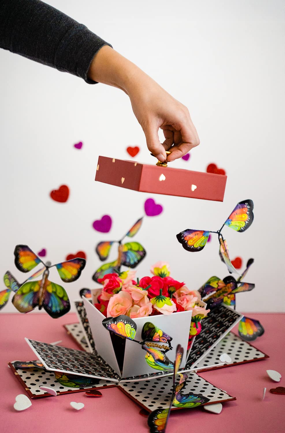 Love Butterfly Explosion Gift Box by Send A Cake – Flying Butterfly Surprise with Flower Shower & Red Velvet Mini Bundt Cake – Ready to Gift Birthday Surprise for Women, Men, Mom, Dad, Friends & Kids
