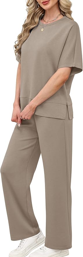 XIEERDUO Women's Side Slit Lounge Sets 2 Piece Travel Outfits Airport Tracksuit Oversized Wide Leg Loungewear S-3XL
