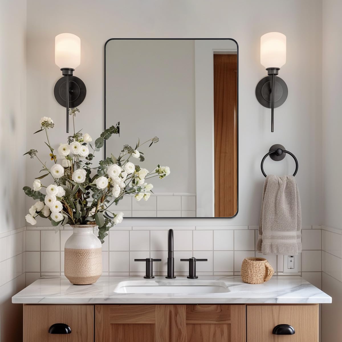 ANDY STAR Wall Mirror for Bathroom, 24x36 Matte Black Bathroom Mirror, Modern Stainless Steel Metal Frame with Rounded Corner, Rectangle Glass Panel Wall Mounted Mirror for Vanity