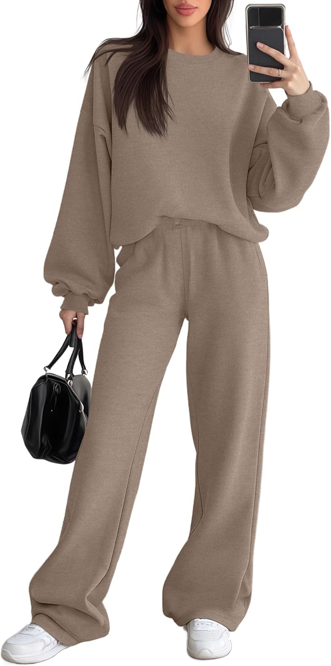 Sweetyweee Women's 2 Piece Outfits Set Fleece Lined Lounge Sweatsuit Crewneck Pullover Top Wide Leg Pants Casual Tracksuit