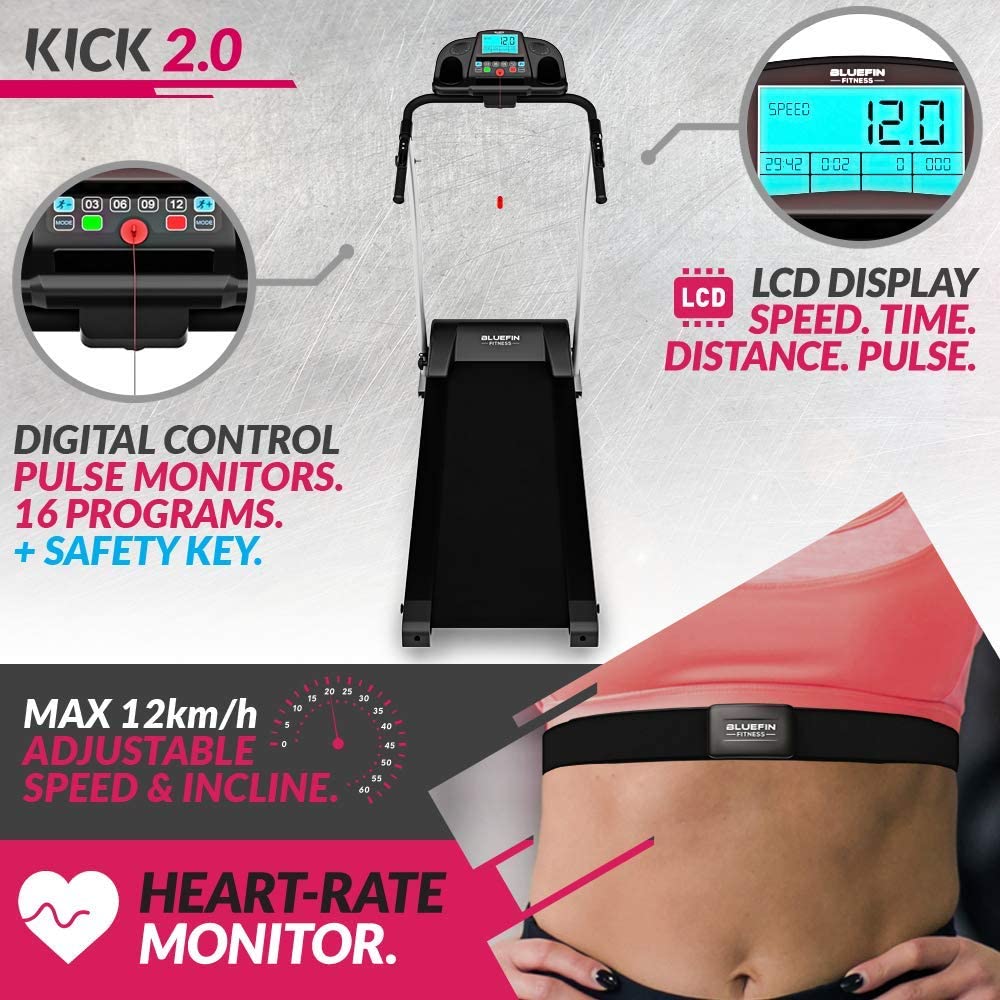 Bluefin Fitness Kick 2.0 Innovative High-Speed Folding Treadmill | Kinomap | Live Video Streaming | Video Coaching & Training | Quiet | 12 Km/h + 18% Incline | Joint Protection Tech | HRC Sensors