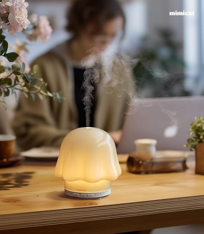 Essential Oil Diffuser for Home Glass: mimicat Timer 120ml Ultrasonic Cool Mist Aromatherapy Diffusers for Bedroom Office with Soft Night Light Cream White