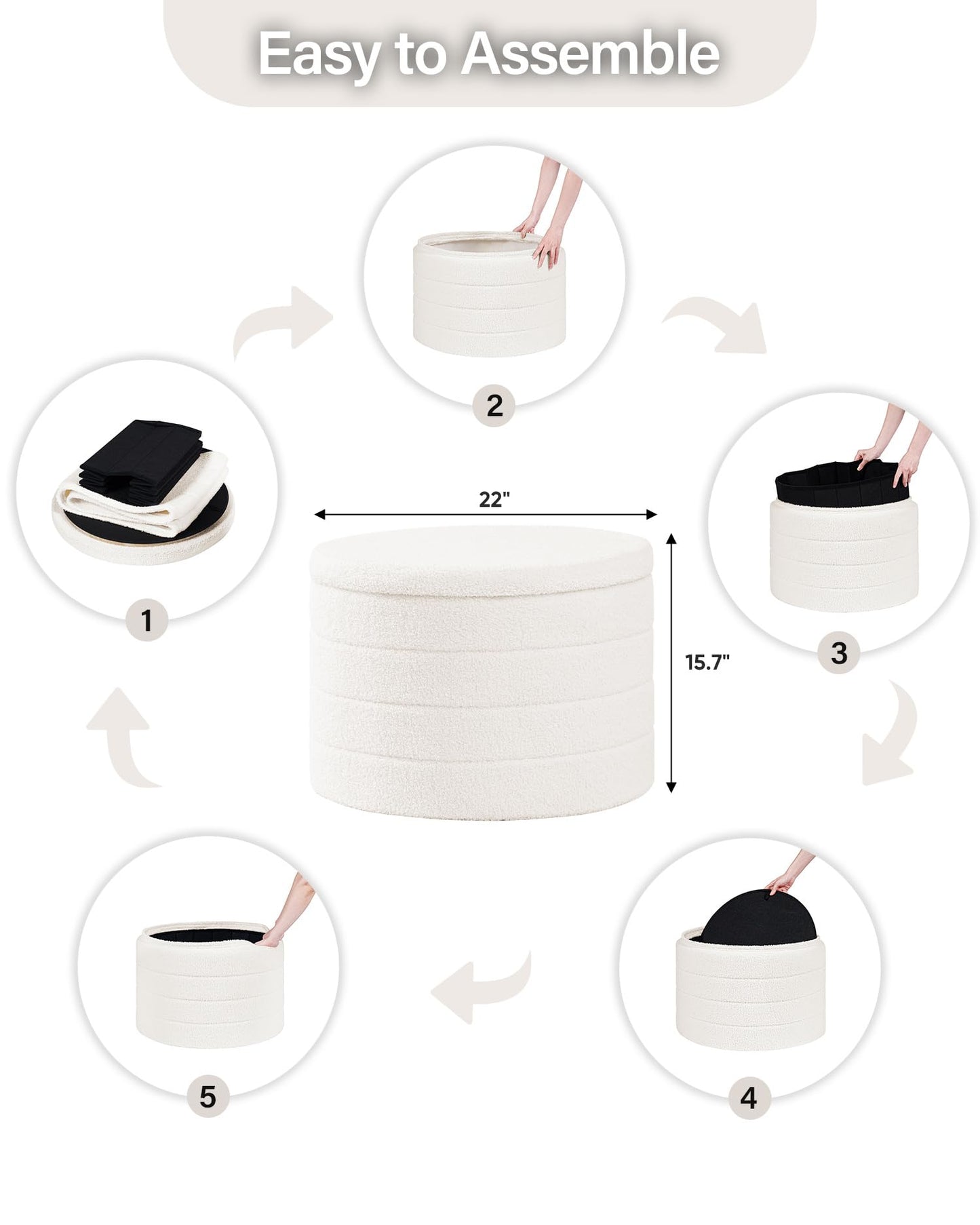 B FSOBEIIALEO Ottoman with Stroage, Round Sherpa Storage Ottoman Stool, Boucle Foot Rest22 x 22"x15.75" (White)