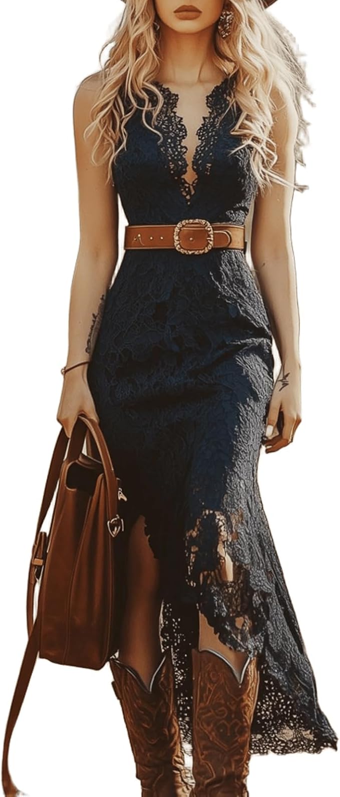 Western Cowgirl Dress for Women Spaghetti Strap Deep V Tie Front Dress Country Concert Dresses Tie Front Lace Trim