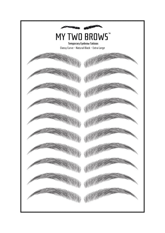 (10 pairs) Natural Black Temporary Eyebrow Tattoo - Extra Large Size - Waterproof & Smudgeproof - Classy Curve Style Eyebrow Stickers - Sheet Lasts up to 30 Days - Won't Work on Existing Brows