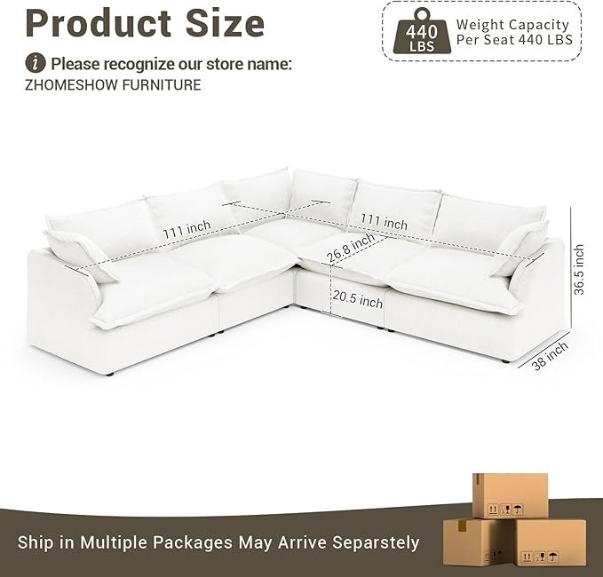 Lopzeho 111” Oversized Modular Sectional Sofa, Comfy Down Fill Cloud Couch, 5 Seater V Shaped Modular Couch with Washable Cover, Deep Seat Sectional Couches for Living Room, Cream White