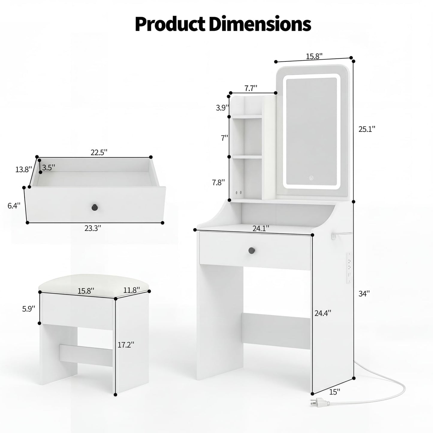 HAPPYMONT Small Vanity Desk with Charging Hub and Hair-Dryer Holder, Make up Mirror and Light Stepless Dimmable, Bedroom Dressing Table for Makeup, White