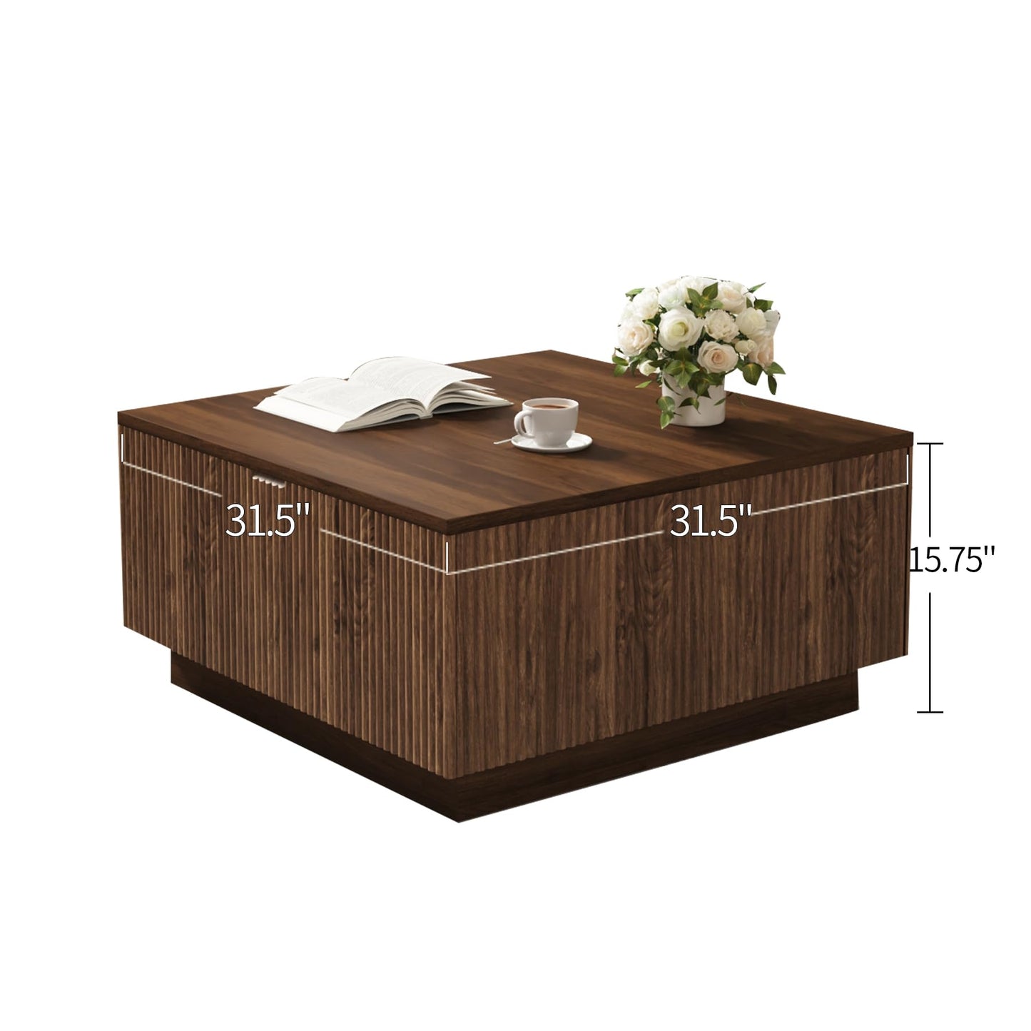 Epecoya 31" Lift Top Coffee Table with Hidden Storage & Farmhouse Fluted Design, Square Wooden Lift-Top Table for Living Room, Apartment, Small Spaces, Brown Walnut