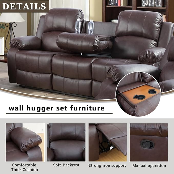 A Ainehome Living Room Furniture Set Leather Recliner Sofa Set Loveseat Chair Furniture Sofa Set for Living Room/Small Space/Rv/House/Office/Theater Seating (A-Brown Leather, Sofa(3seater))