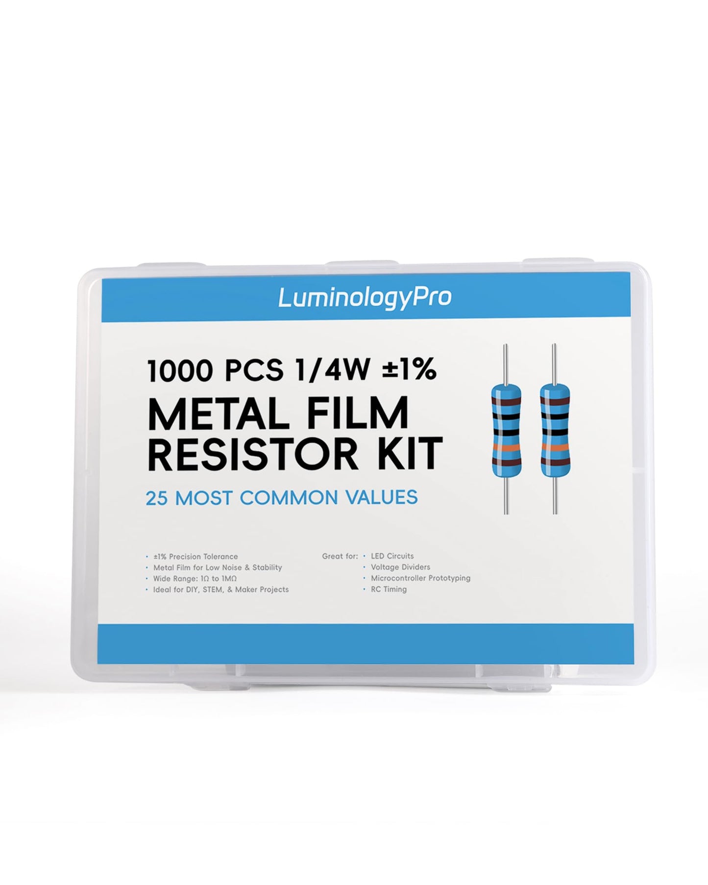 1000 PCS Resistor Kit 1/4 W +-1% Premium Metal Film Resistors Assortment Kit, 25 Values (1 Ohm-1M Ohm) 40 Each, Breadboard & DIY Electronics, Includes 10k Ohm, 1k Ohm, 220 Ohm Resistors Pack