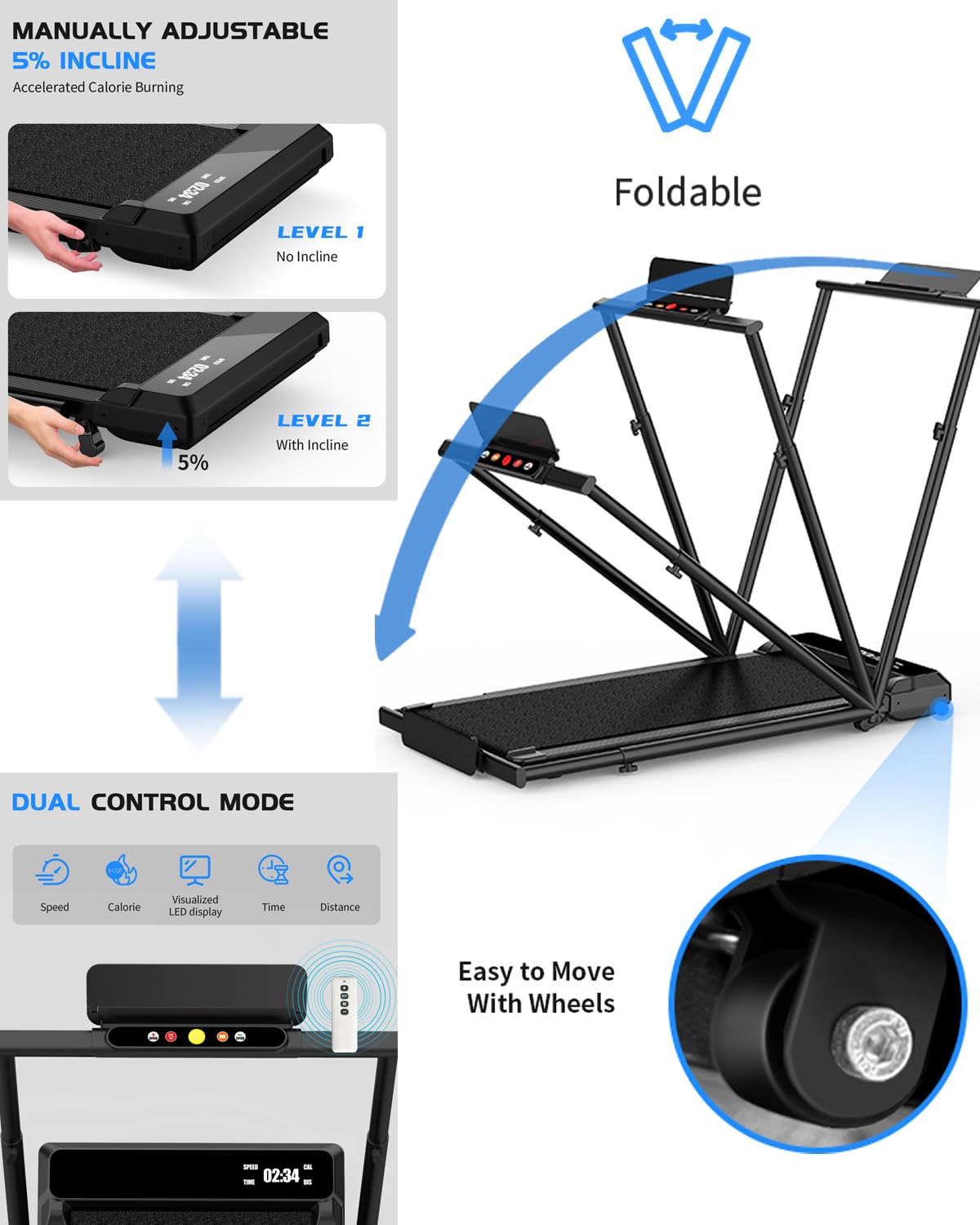 Ueadcm Walking Pad with Adjustable Handle Bar, Walking Pad Under Desk Treadmill with Remote Control and LED Display, 3 in 1 Foldable Treadmill for Home and Office, 2.5 HP Walking Pad with Incline