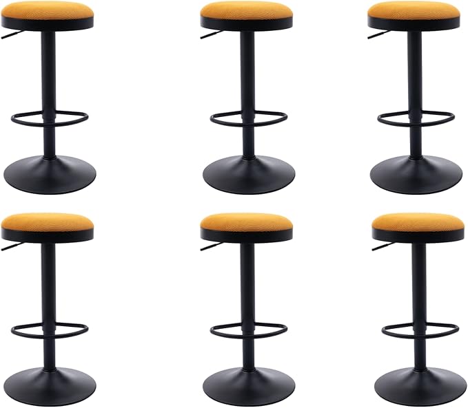 EALSON Modern Swivel Bar Stools Set of 6 Adjustable Counter Height Backless Barstools with Metal Base Fabric Upholstered Round Bar Stool Chairs for Kitchen Island/Pub/Breakfast Bar, Yellow