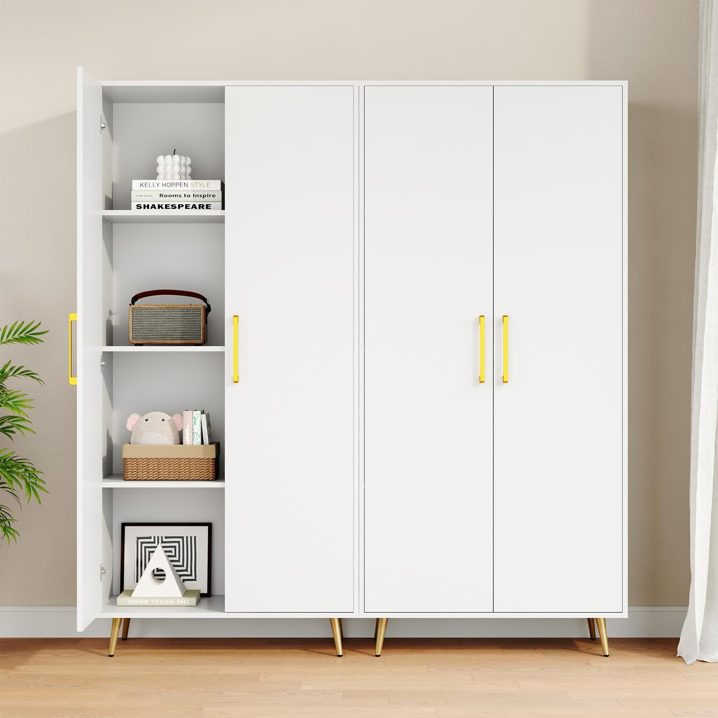 LYNSOM Tall Storage Cabinet, Freestanding Kitchen Pantry Cabinet with Adjustable Shelf and Doors, Floor Storage Accent for Kitchen, Dining Room (White)