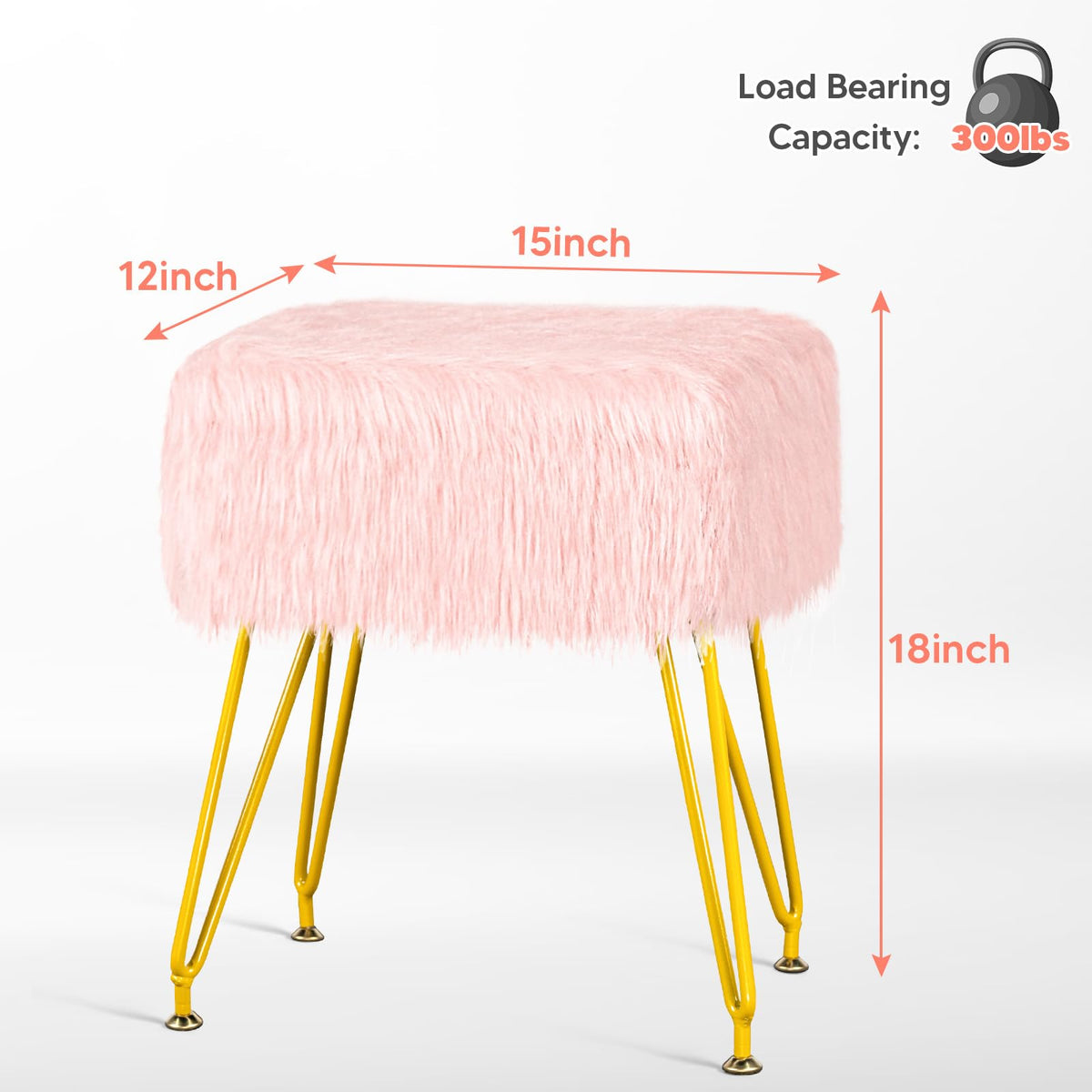 MOOWIND Vanity Stool Chair with Storage, Soft Ottoman Seat Vanity Stool with Anti-Slip Feet, Fluffy Padded Seat Multifunctional Footrest Side Table with 4 Metal Legs for Makeup, Bedroom, Pink