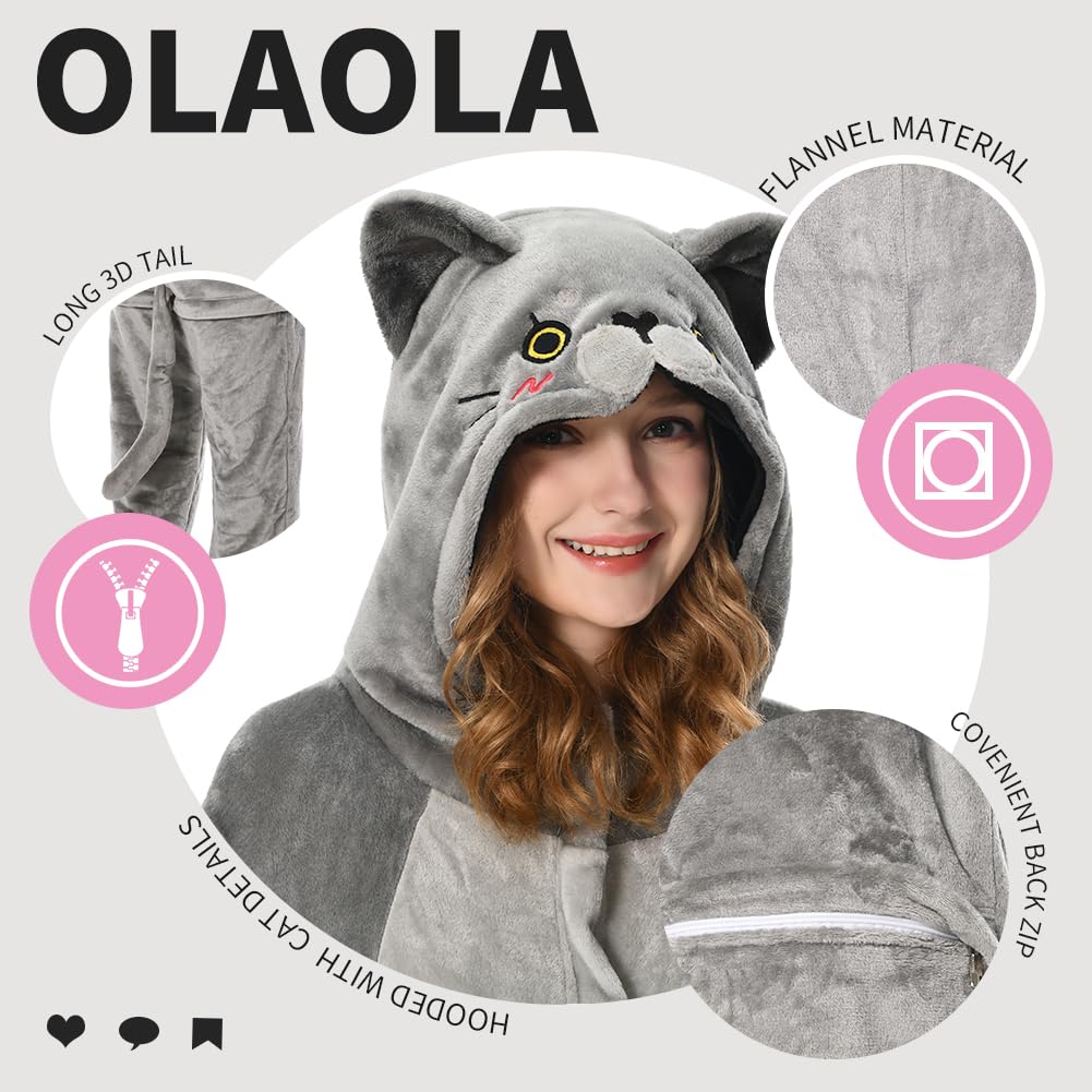 OLAOLA Adult British Shorthair Cat Onesie Animal Pajamas Flannel Homewear Sleepwear Halloween Cosplay Jumpsuit for Women Men