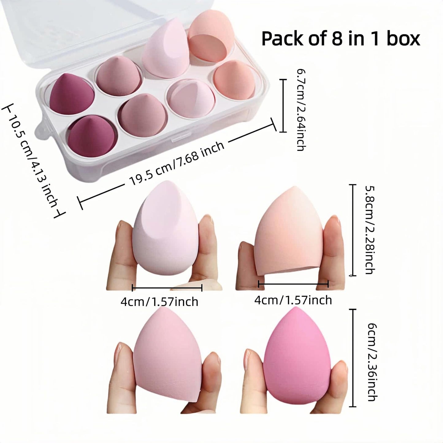 8pcs Makeup Sponges Set - Latex-Free, Blending Beauty Sponge for Liquid, Cream & Powder, Soft Non-Absorbent, Multi-Size with Cas