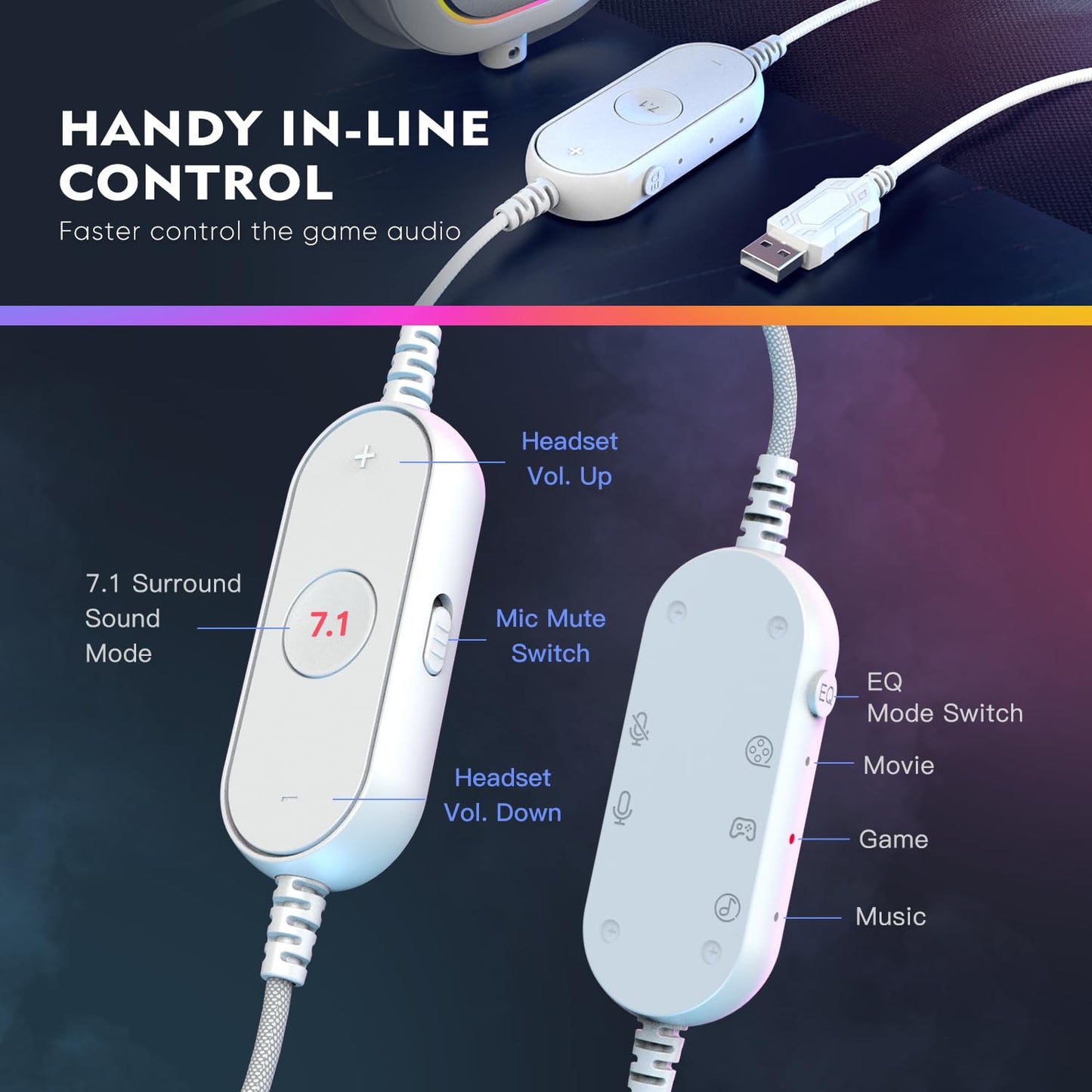 Fifine Usb Gaming Headset, Pc Headphones Wired With Microphone For Computer/Laptop, Over-Ear Rgb Headset With 7.1 Surround Sound