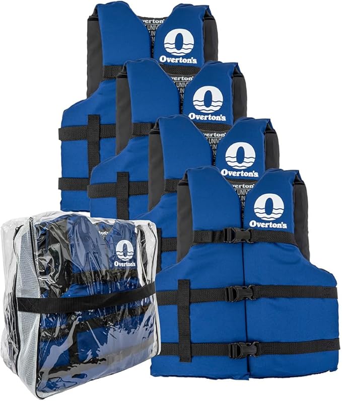 Overton's Universal Adult Life Jacket - Pack of 4, Nylon Shell with Closed-Cell Foam, Open Sides and Sturdy Belts, USCG Ap...