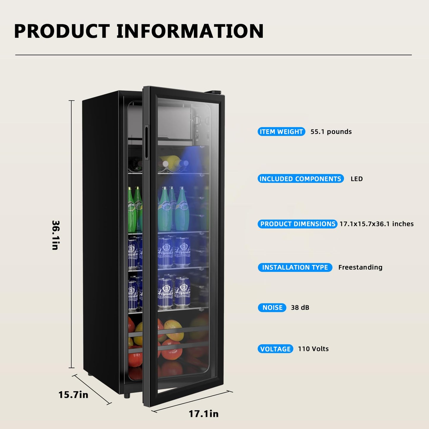 Zyerch Beverage Refrigerator, 180 Can Freestanding Mini Fridge with Glass Door for Soda Beer Wine, Small Drink Dispenser with Adjustable Temperature Control for Home, Office, Black