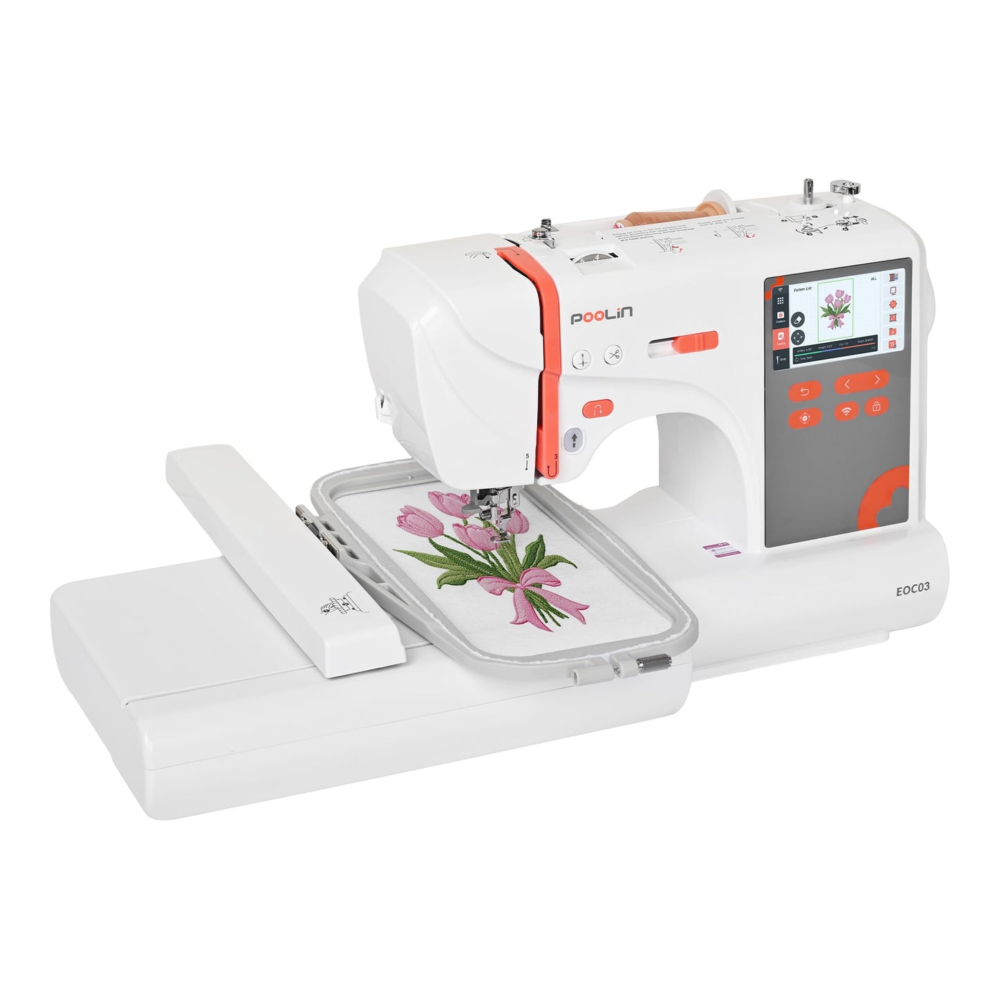 Poolin EOC03 Embroidery Machine Bundle with 9"x9" Tear Away Stabilizer (100 Sheets), 144pcs A Style Prewound Bobbins & 20-Color Thread Set – Beginner Embroidery Starter Kit for Home DIY Projects