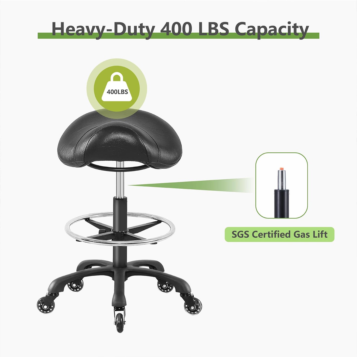 Coczeb Saddle Salon Stool with Footrest,Heavy Duty, Adjustable Height, Rolling Esthetician Chair for Tattoo Spa Medical Dentist Clinic (Black)