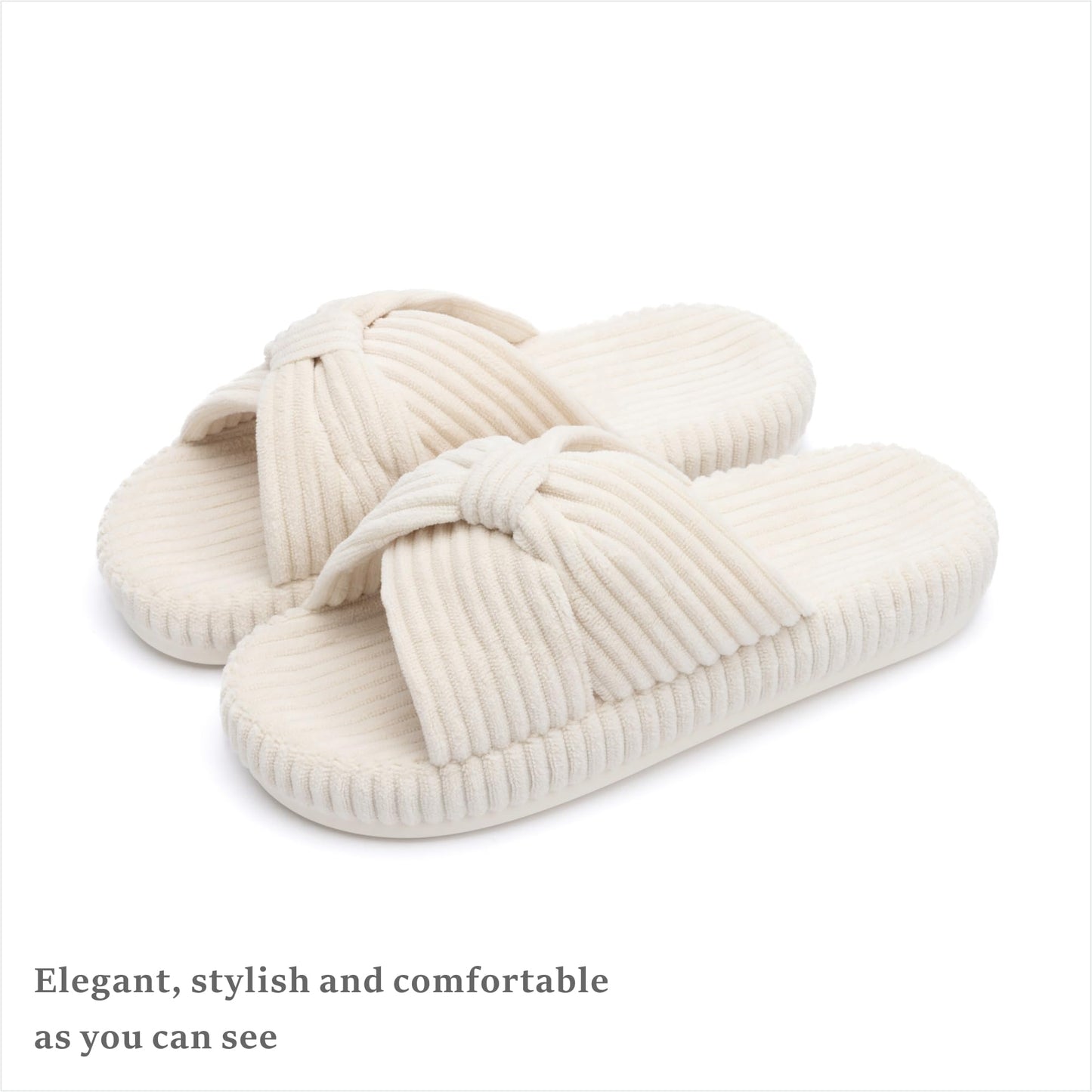 Chantomoo Slippers for Women Memory Foam House Bedroom Corduroy Bow Crossbands Slide Slipper Shoes Comfy Trendy Gift Slippers Beige Size7 8 6.5