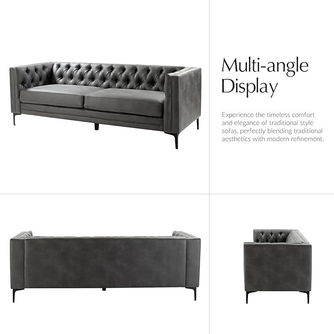 HULALA HOME 84" W Faux Leather Sofa Couch with Metal Legs, Button-Tufted 3-Seater Sofa, Mid Century Modern Contemporary Upholstered Couch for Living Room, Entertainment Area, Apartment,Grey