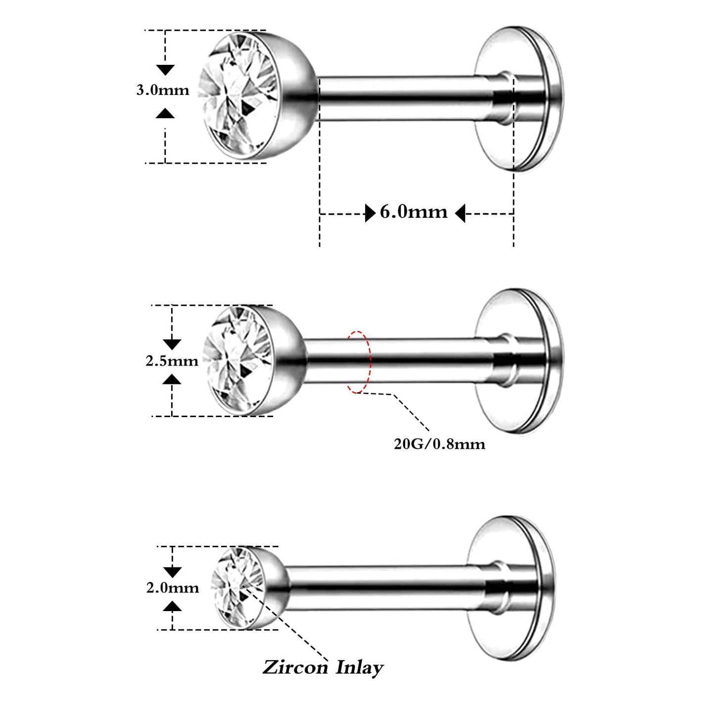 FLOGWE Implant Grade Titanium Lip Stud Rings 20G 6mm Barbell Threadless Push-in Flat Back Nose Stud Ring Earring Stud CZ 2mm 2.5