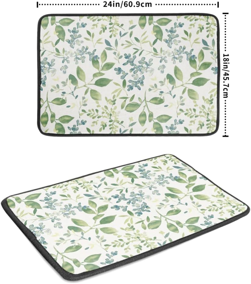 Green Leaves Branches Dish Drying Mat for Kitchen Counter 18x24 Inch Washable Microfiber Drying Mat Spring Floral Absorbent Drying Pad with Hanging Loop for Home Coffee Bar Decoration