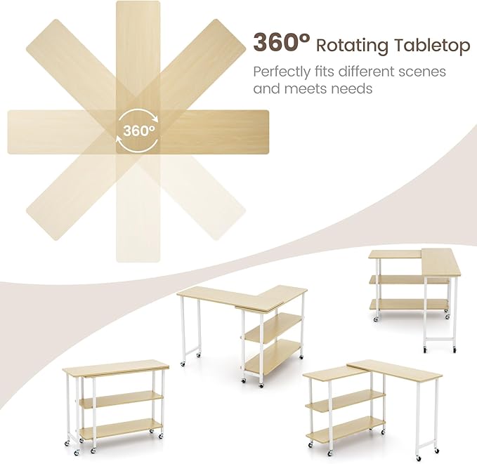 Giantex 360° Free Rotating Sofa Side Table, Mobile L-Shaped Laptop Desk with Sturdy Metal Frame, 6 Universal Casters, Movable Couch Snack Table with 2-Tier Storage Shelf for Home (Natural Maple)
