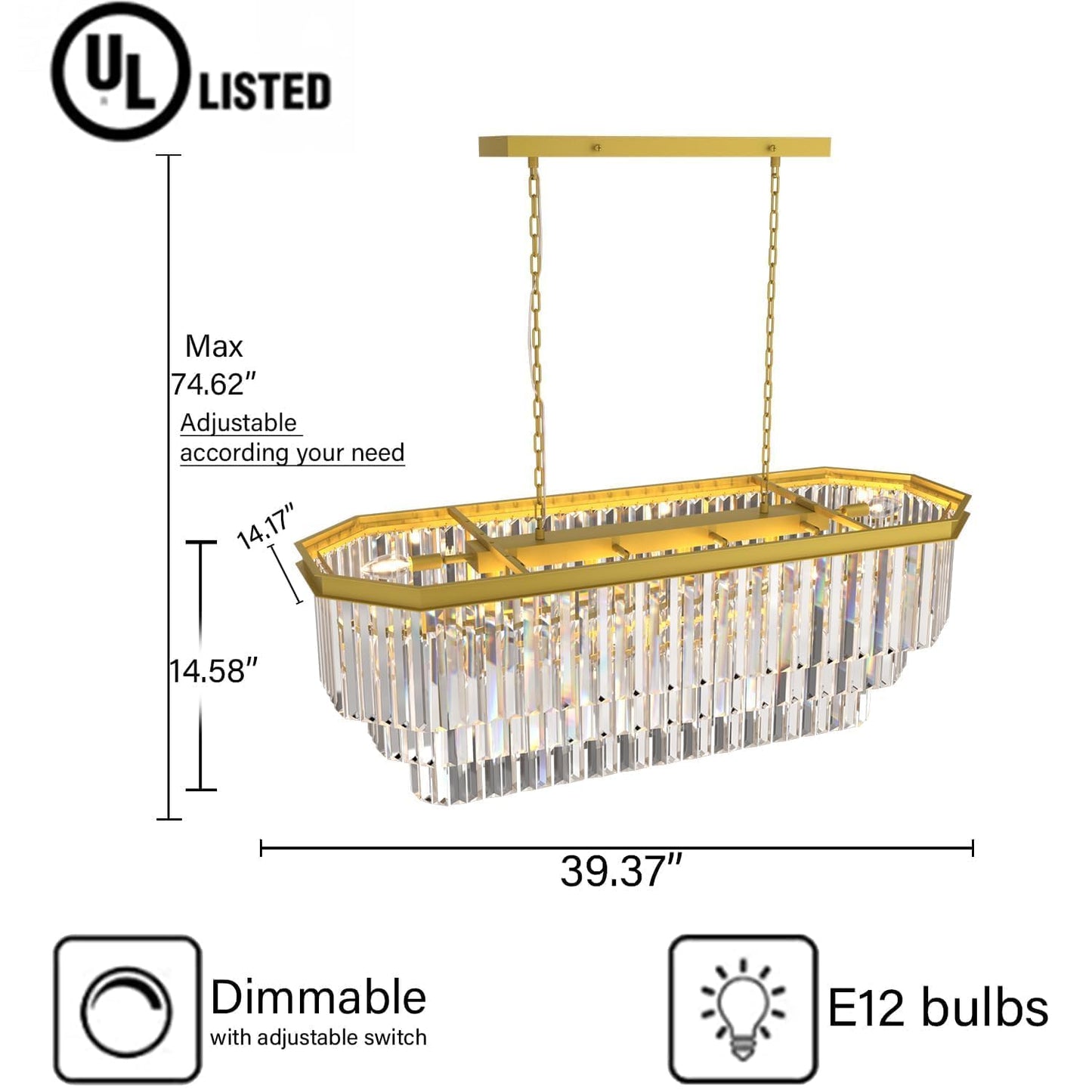 GMlixin Crystal Chandelier, 13-Light 3 Tiers Rectangle Contemporary Pendant, Adjustable Hanging Metal Ceiling Lighting Fixture, Modern Chandeliers for Bedroom,Hallway,Kitchen, L39-inch Gold