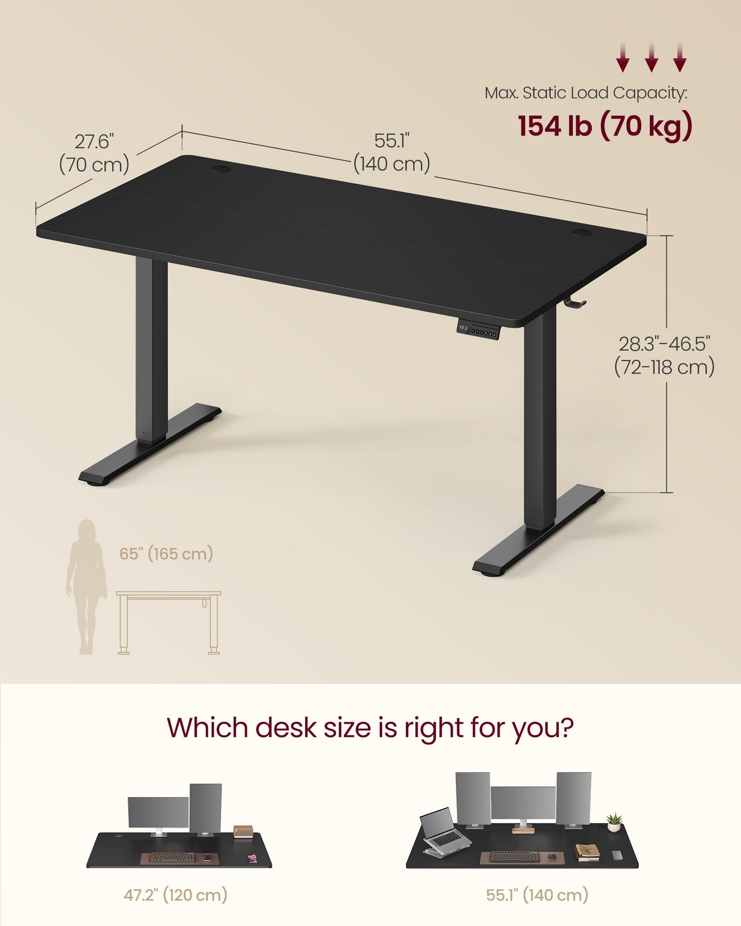 VASAGLE Electric Standing Desk, 55.1 x 27.6 Inches Height Adjustable Desk, Sedentary Reminder, 4 Memory Heights, for Home Office, Ink Black ULSD315BZ020S